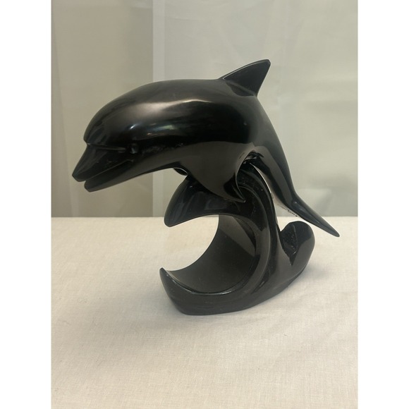 Vintage Black Stone Dolphin Sculpture Marble Style Carved Figurine Nautical MCM - Picture 1 of 5